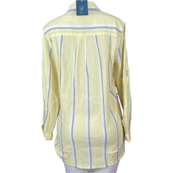 Denim & Co. M Yellow-Purple Striped Button Down Pockets Cotton Long Sleeve Shirt - Picture 4 of 6